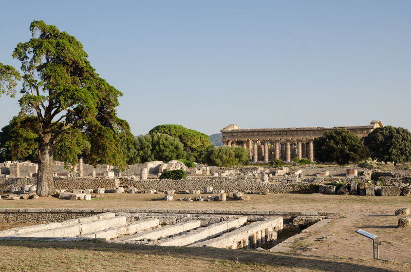Paestum, view of old ruins against clear sky