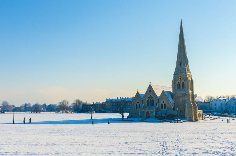 All saints anglican church at blackheath village on a snowy day, greenwich and lewisham, london.