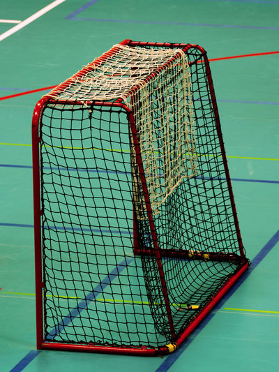Floorball hockey court indoor hall with gate. the school gym for children school teams play