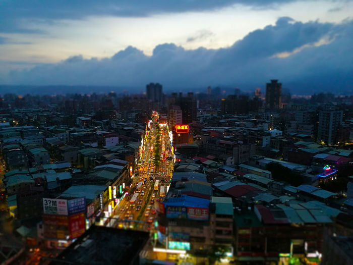 High angle view of cityscape against sky at dusk