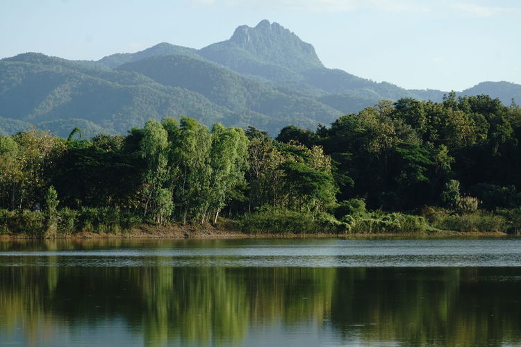 Scenic view of lake by trees and mountains against sky