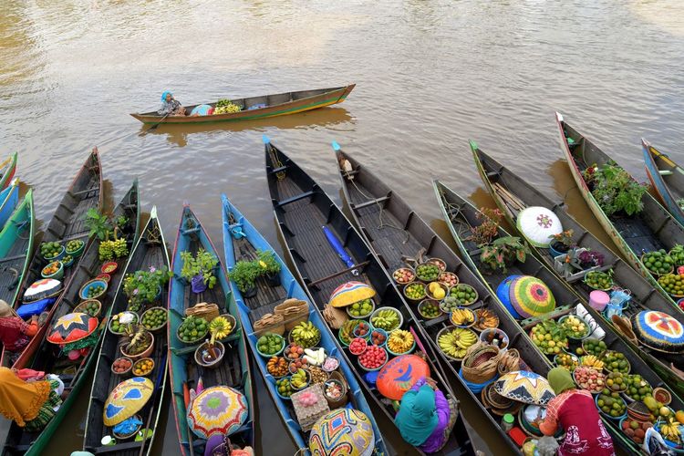 High angle view of floating market