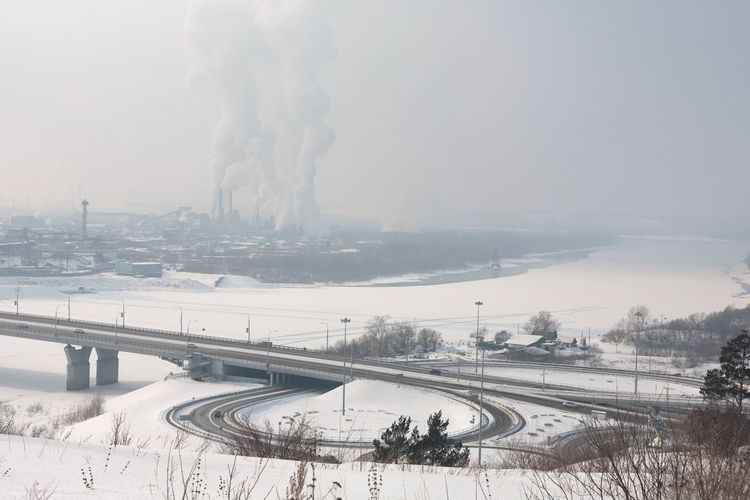 High angle view of cityscape during winter