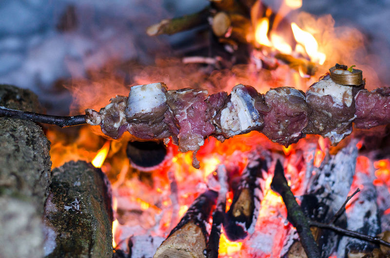 Close-up of meat roasting in campfire