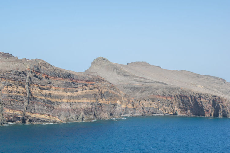 Scenic view of sea by mountains against clear blue sky
