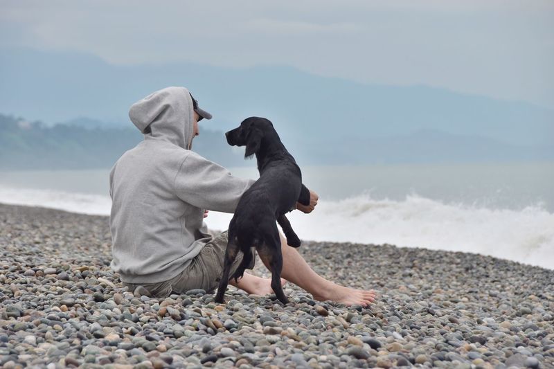 Man with dog sitting at beach against sky