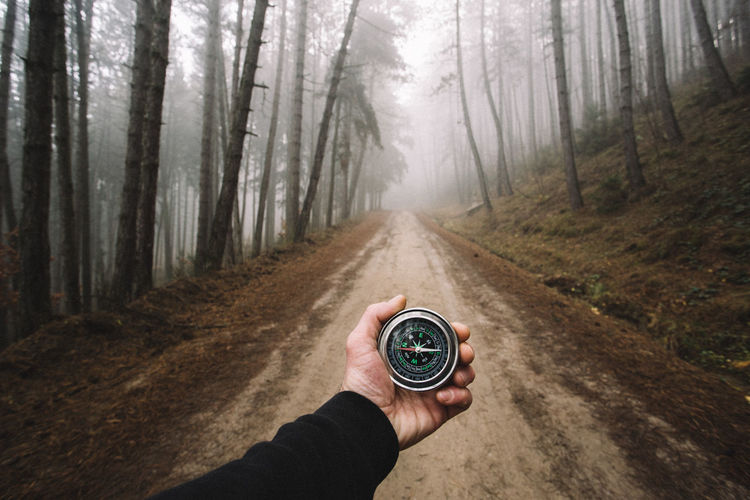 Close-up of hand holding navigational compass on road against bare trees in forest during foggy weather