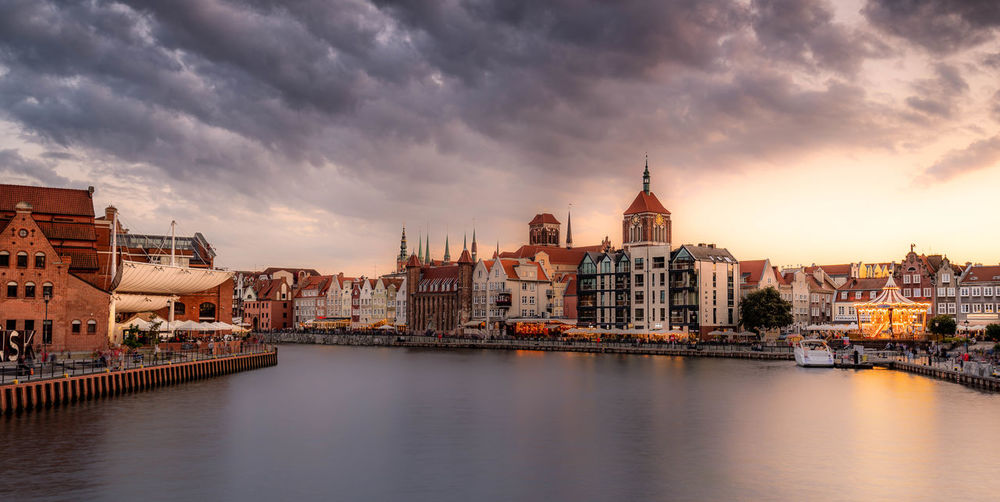 Gdansk with beautiful old town over motlawa river at sunrise, poland.