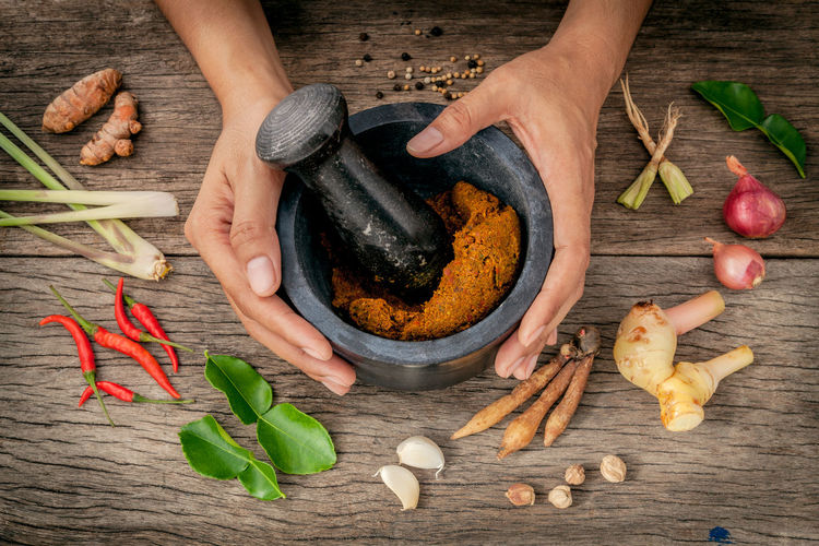 Cropped hands of person mixing spices on table