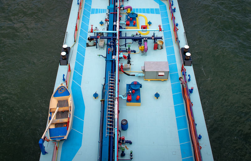 High angle view of boats moored in river