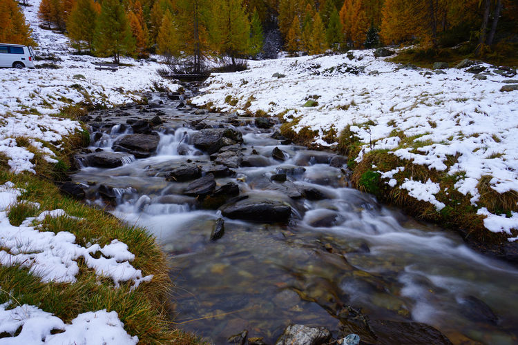 Stream flowing through rocks in forest during winter