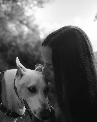 Close up of young woman kissing dog outdoors
