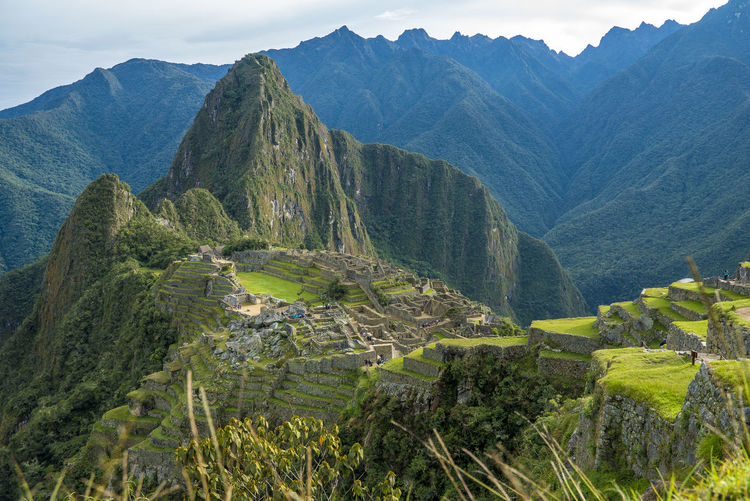 High angle view of machu picchu against mountains