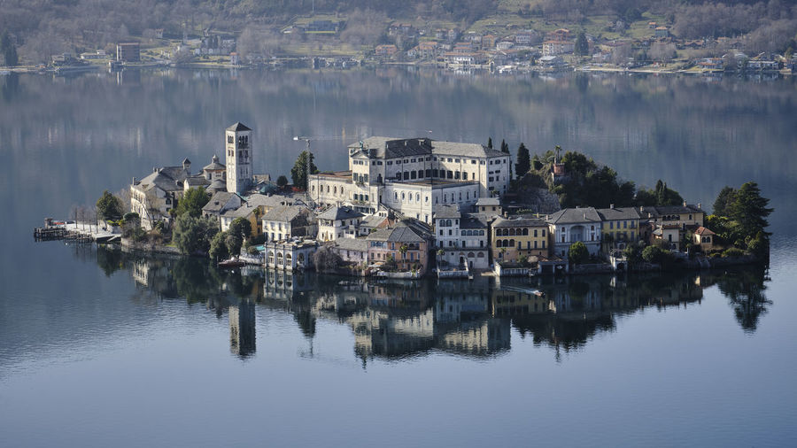 Reflection of buildings in lake