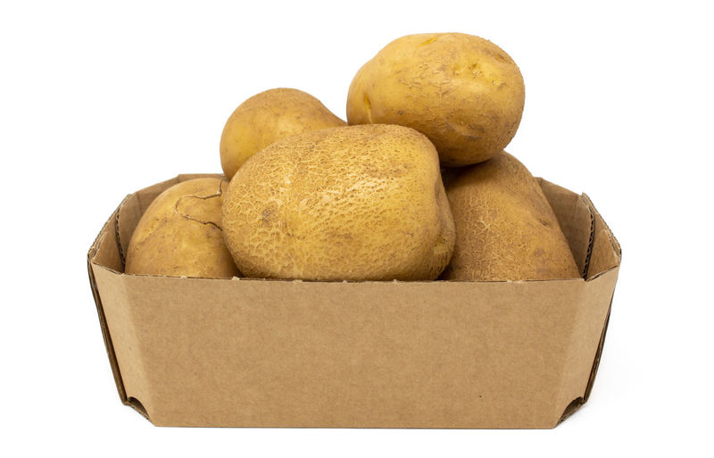 Close-up of bread in container against white background