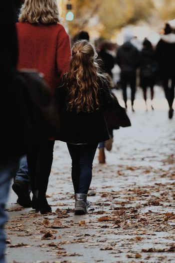 Rear view of women walking in winter