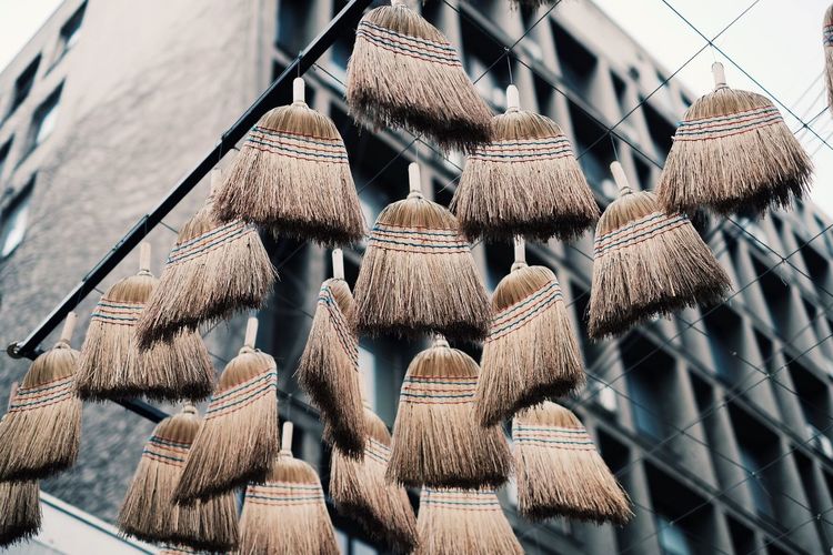 Low angle view of brooms hanging against building