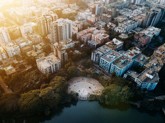 High angle view of dhanmondi lake amidst buildings in city of dhaka