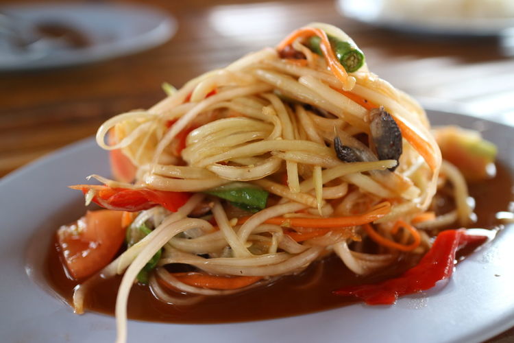 Close-up of noodles served in plate on table