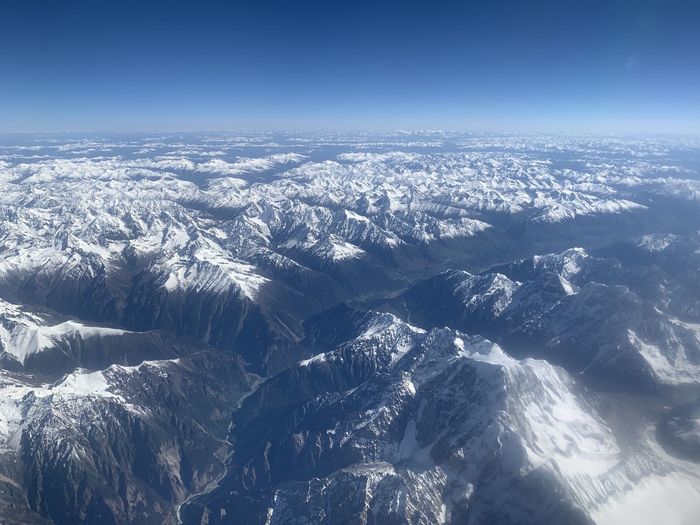 Aerial view of snowcapped mountains against sky