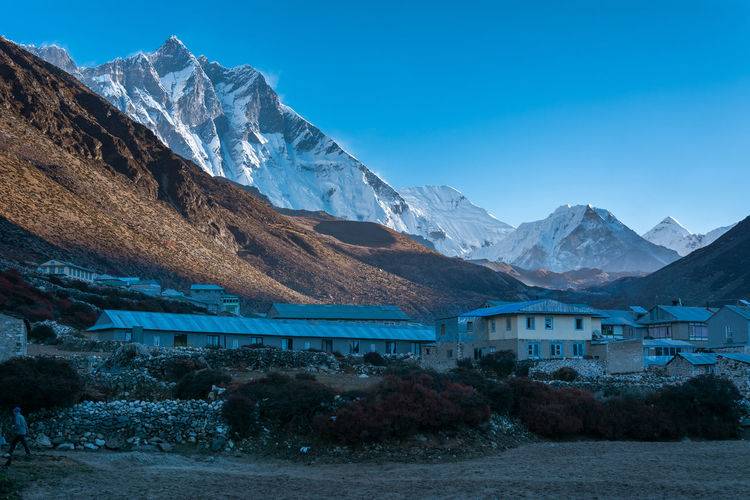 Scenic view of snowcapped mountains against clear blue sky