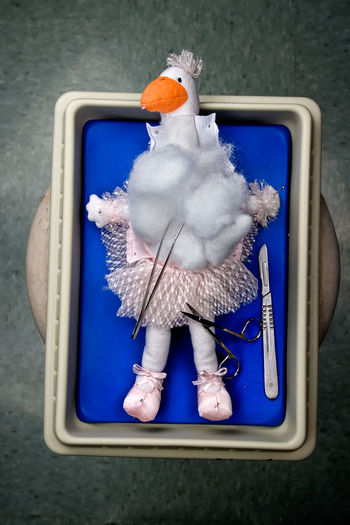Directly above shot of toy with surgical equipment in medical tray on table