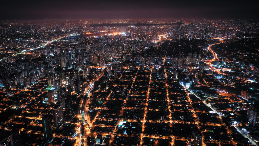 High angle view of cityscape at night