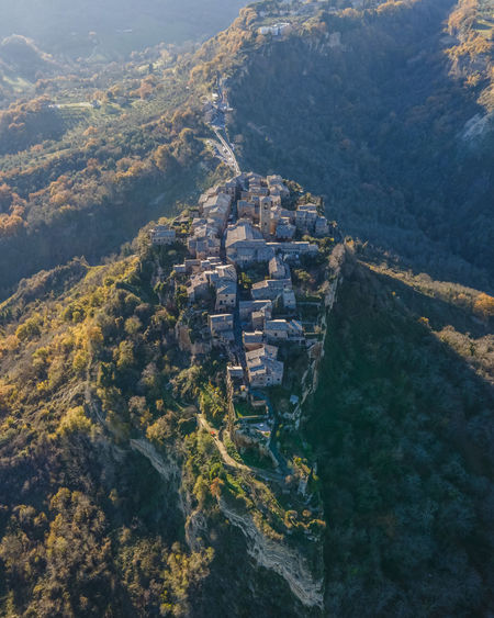 Aerial view of civita di bagnoreggio, a beautiful old town with badlands