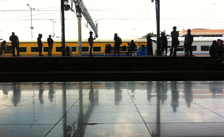 High angle view of people at railroad station
