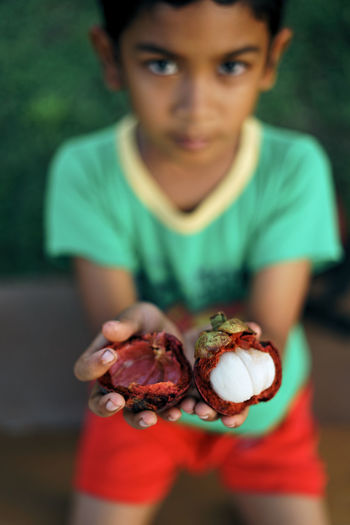 Portrait of boy holding mangosteen 