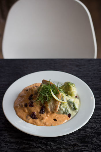 Close-up of meal served on table