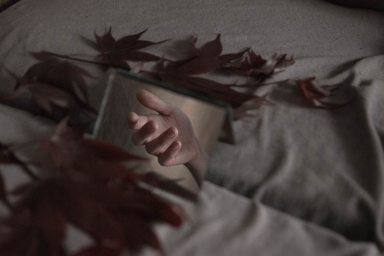 High angle view of woman lying down on bed