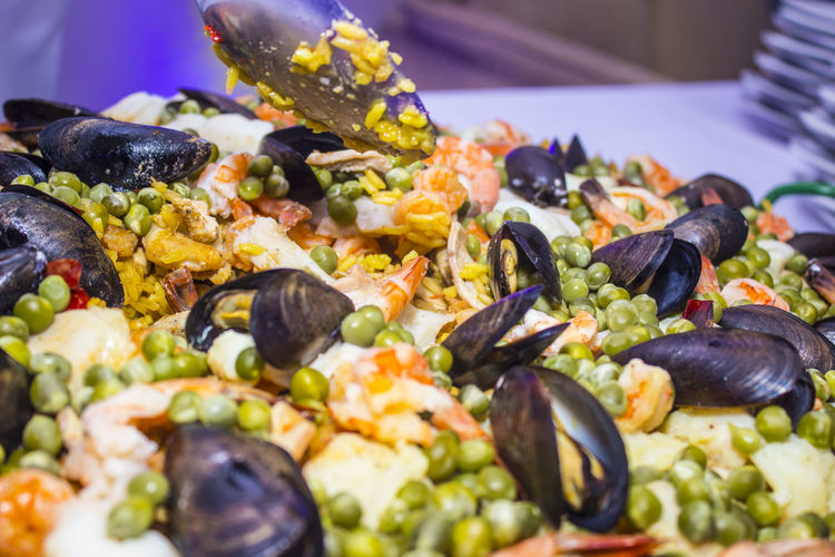 Close-up of cooked seafood with vegetables