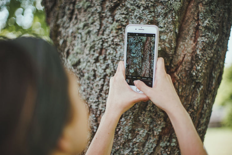 Young woman holding mobile phone taking photo of tree