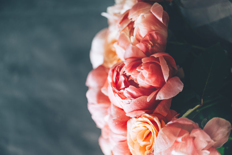 Fresh bunch of pink peonies and roses on dark background. card concept, pastel colors,  copy space