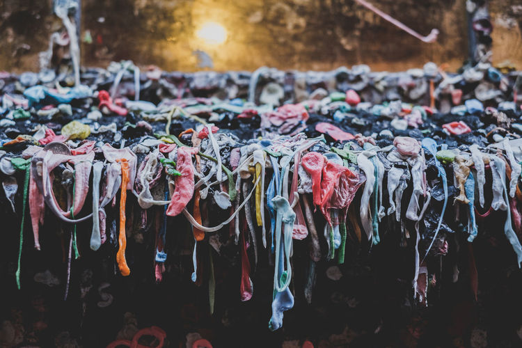 Close-up of bubble gums on wall