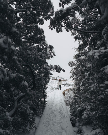 Man walking on snow covered mountain