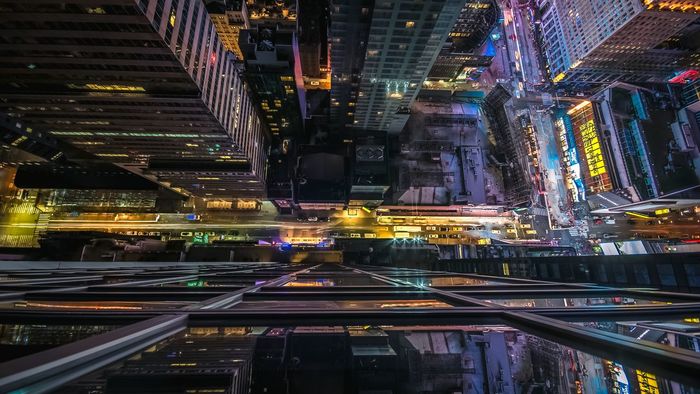 Directly above view of illuminated street in manhattan