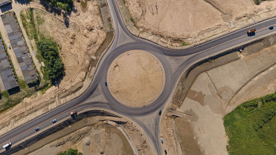 Top down aerial view of a traffic roundabout. solving the problem of jams. road construction.