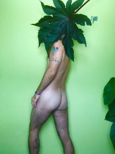 Rear view of naked man with plants standing against green background