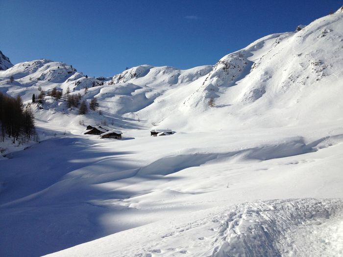 Scenic view of snowcapped mountains against clear sky