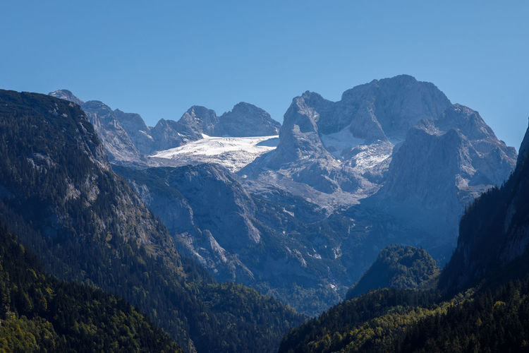 Scenic view of snowcapped mountains against clear blue sky