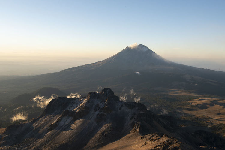Popocatepetl volcano view from iztaccihuatl in mexico