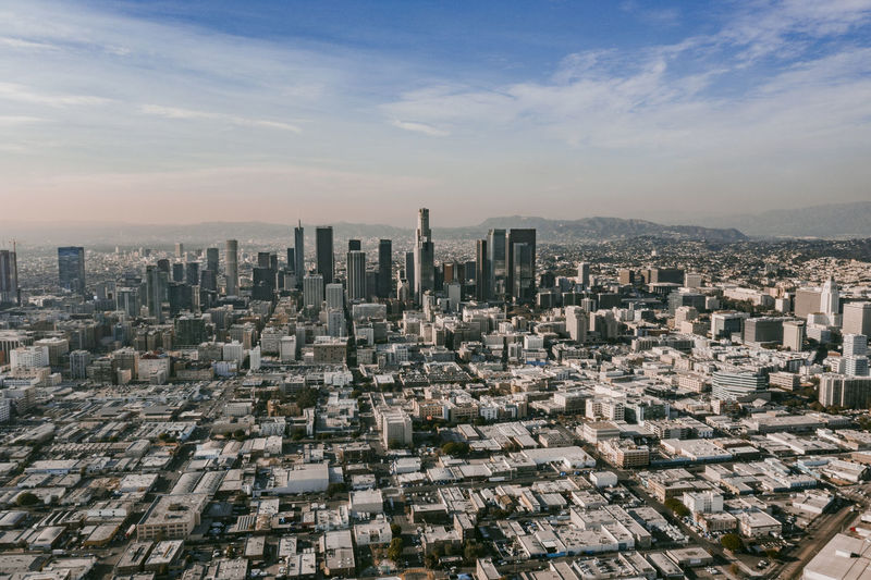Aerial drone view of downtown los angeles, california on beautiful sunny day