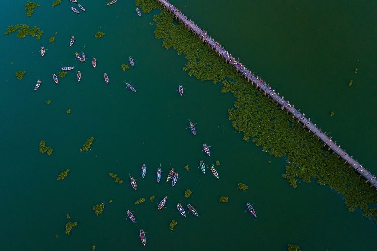 Aerial view of boats in lake