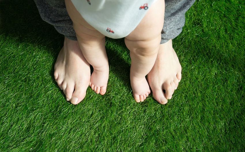 Low section of mother and baby standing on grass