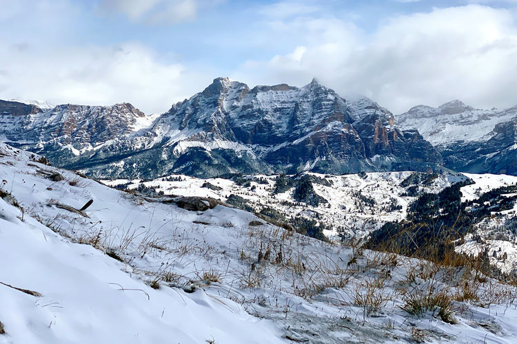 First snow on sella view towards lavarella and conturines, dolomites, south tyrol, italy