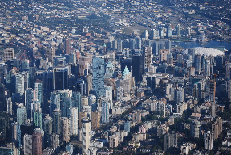 High angle view of modern buildings in city