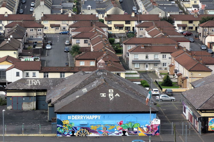 High angle view of buildings in town