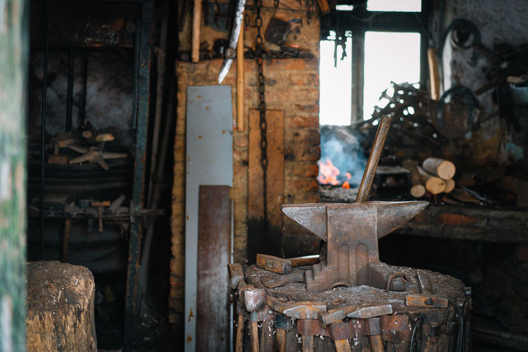Interior of old blacksmith workshop factory
